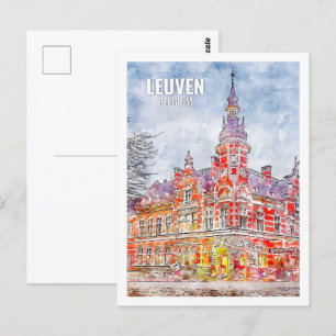 Leuven Belgium Berömd Travel Ställe Watercolor Vykort