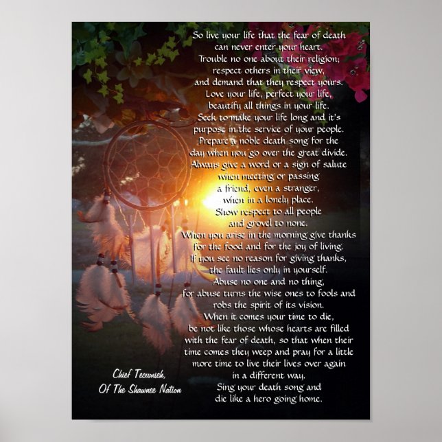 "Lev ditt liv" Tecumseh Dreamcatcher sunset Poster (Framsidan)