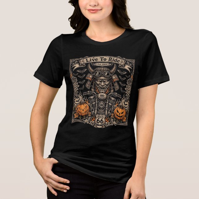 Lev för att cykla Halloween -Samurai Oni Biker Est T Shirt (Framsida)
