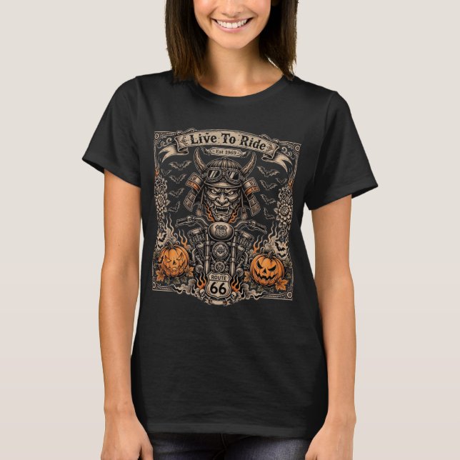 Lev för att rida Halloween -Samurai Oni Biker Est  T Shirt (Framsida)