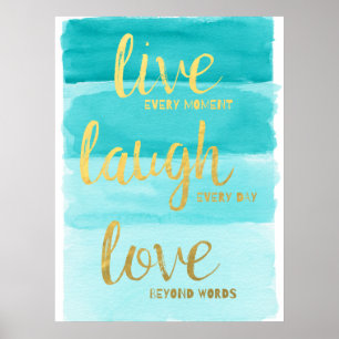 Leva Skratta Älska Blå Ombre Motiverande Poster