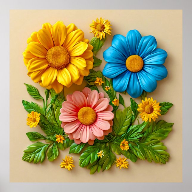 🌸 Levande 3D Blommor i Färgexplosion Modern Desig Poster (Framsidan)