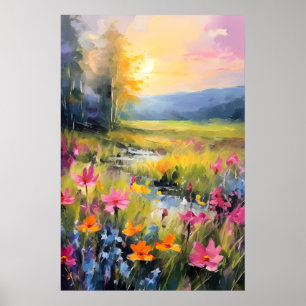 Levande äng med vilda blommor vid solnedgång poster