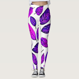 Levande bladteckningar: Lila Rosa & Blå Leggings