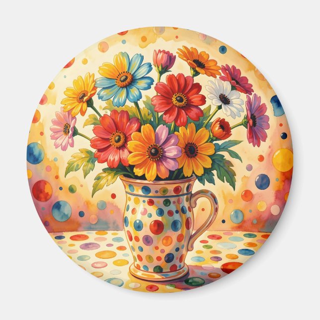 Levande blommor, färgglada prickar, magnet (Framsidan)