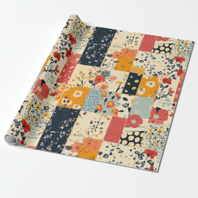Levande blomsterpatchworkfilt i varma toner presentpapper (Utrullad)
