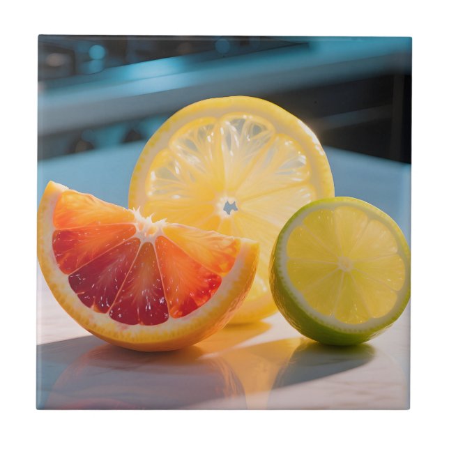 Levande Citrus Skivor Grapefrukt Citron Lime Frisk Kakelplatta (Framsidan)