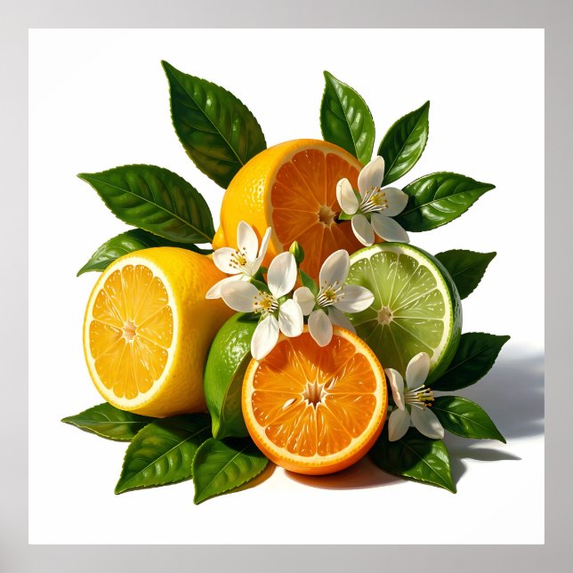 Levande Citrusfrukter Blommor Realistisk Poster (Framsidan)