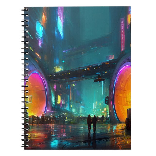 Levande cyberpunk-stadspanorama med valv anteckningsbok (Framsidan)