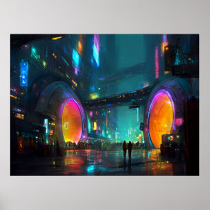Levande cyberpunk-stadspanorama med valv poster