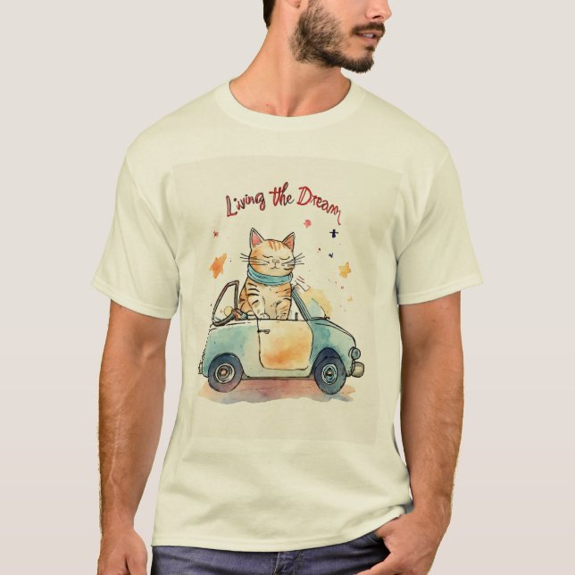 Levande drömmen: Knubbig Cat i Tiny Car Watercolo T Shirt (Framsida)