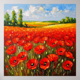 Levande fält med blommande röda vallmor poster