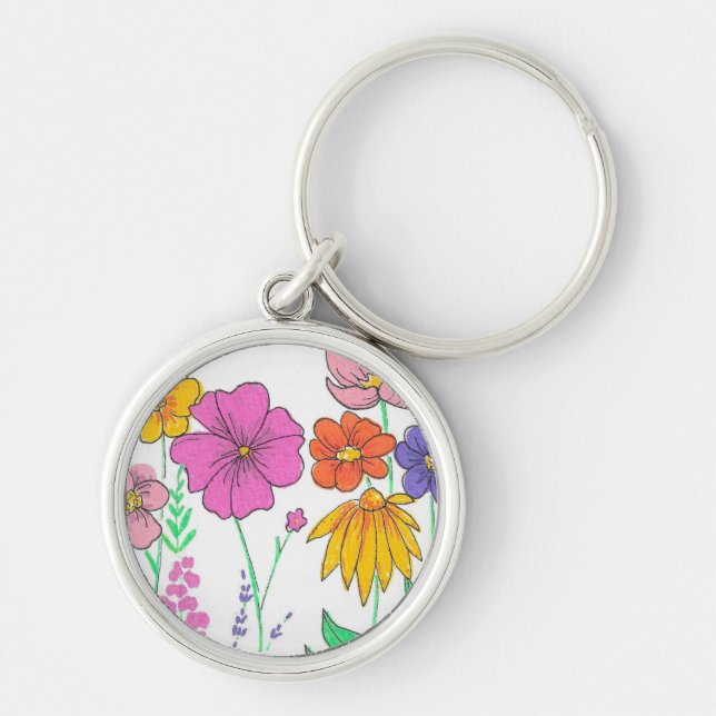 Levande fantasifulla målade blommor rund silverfärgad nyckelring (Framsidan)