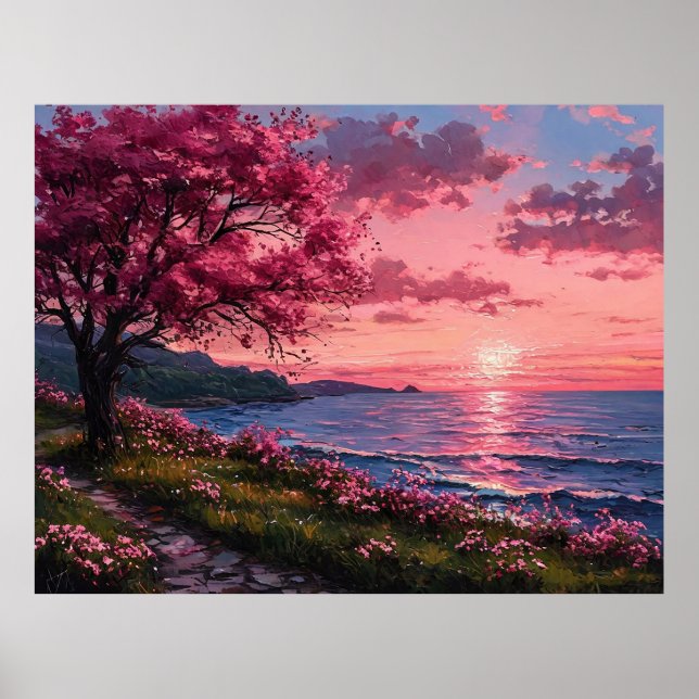 Levande Färgrik Solnedgång Över Naturskön Flodland Poster (Framsidan)