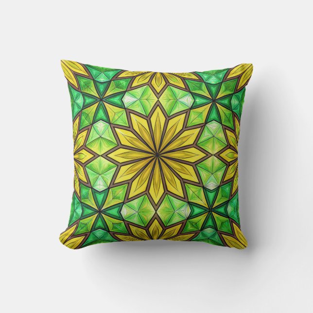levande geometriskt blommönster i grönt och gult kudde (Framsida)