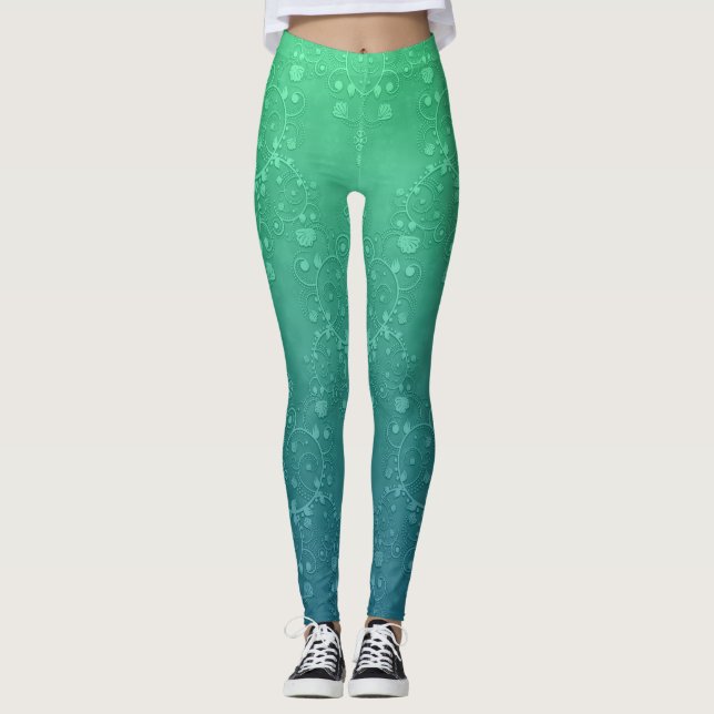 Levande grön turkos damask boho-stil leggings (Framsida)