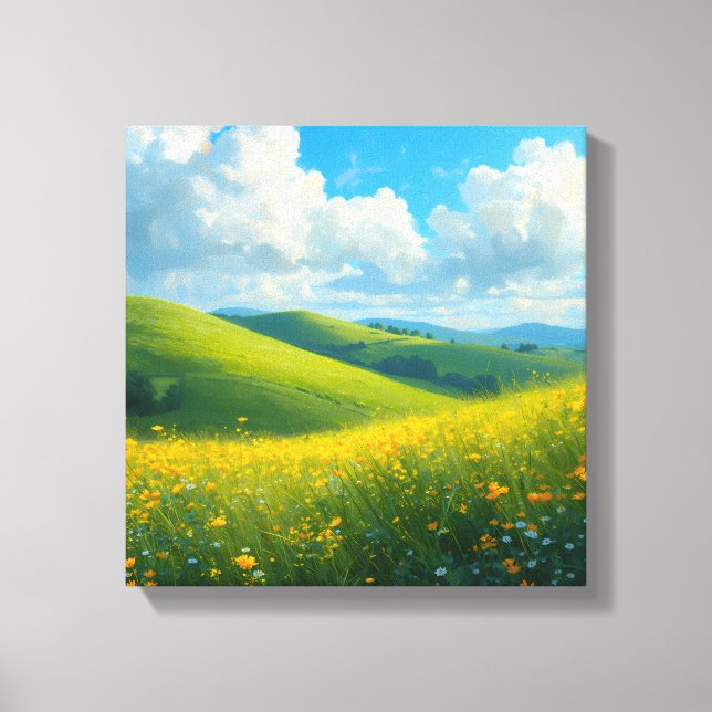 Levande gröna kullar & gula blommor landskapsbild  canvastryck (Framsida)
