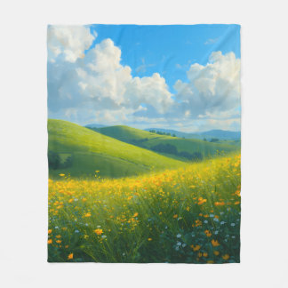 Levande gröna kullar & gula blommor landskapsbild fleecefilt