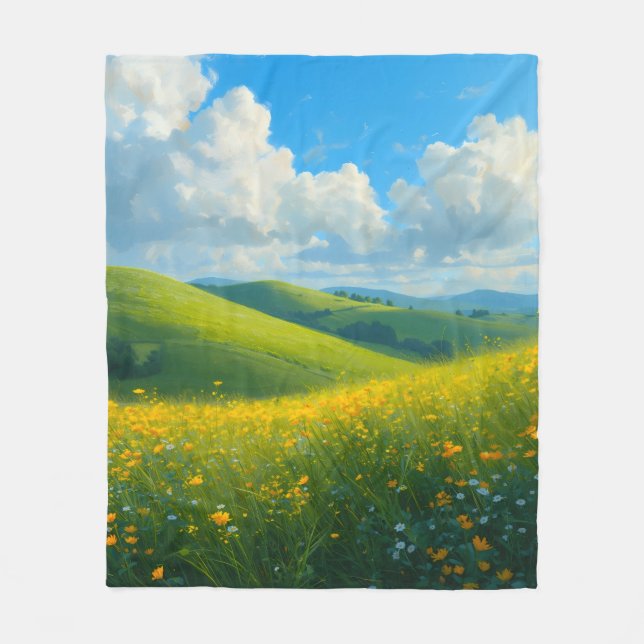 Levande gröna kullar & gula blommor landskapsbild  fleecefilt (Framsidan)