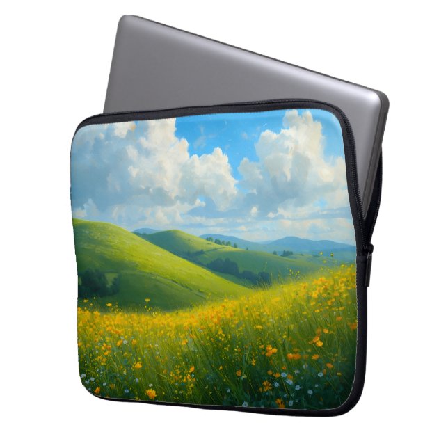 Levande gröna kullar & gula blommor landskapsbild  laptop fodral (Framsidan Vänster)