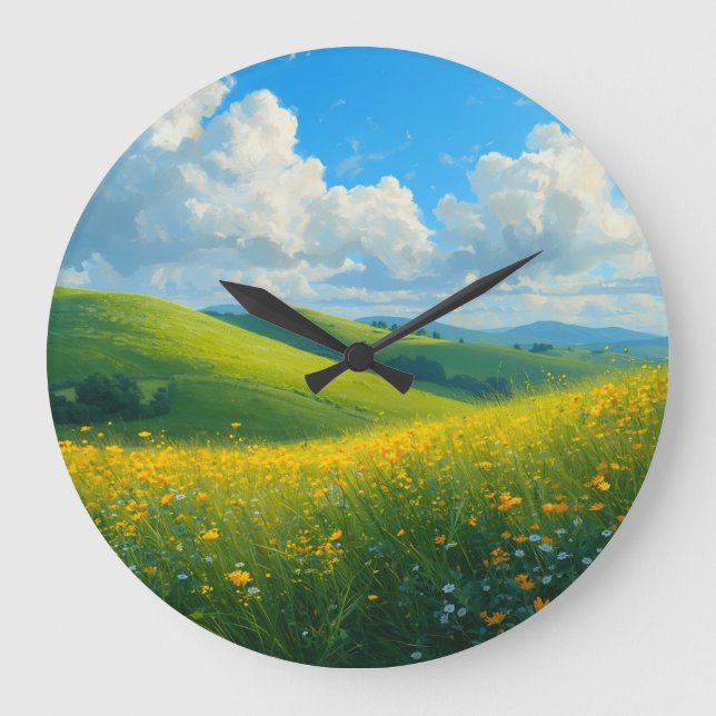 Levande gröna kullar & gula blommor landskapsbild  stor klocka (Framsida)