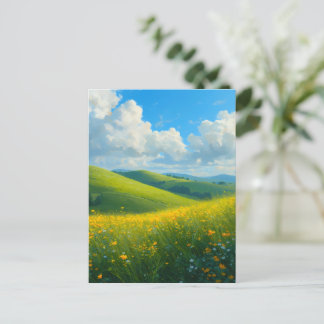 Levande gröna kullar & gula blommor landskapsbild vykort