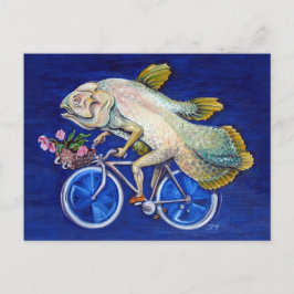 Levande koelacant på en cykel med blå vykort