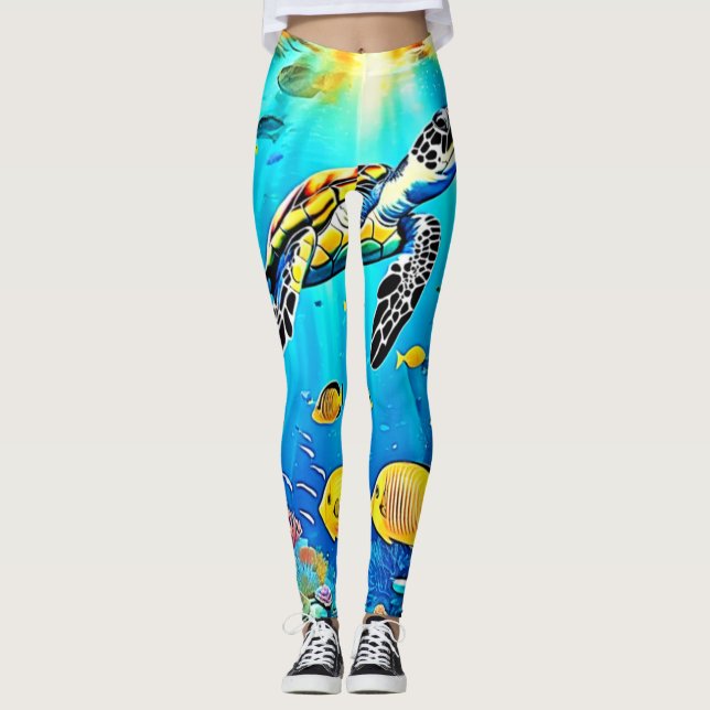 Levande konst av havssköldpadda och korallrev leggings (Framsida)