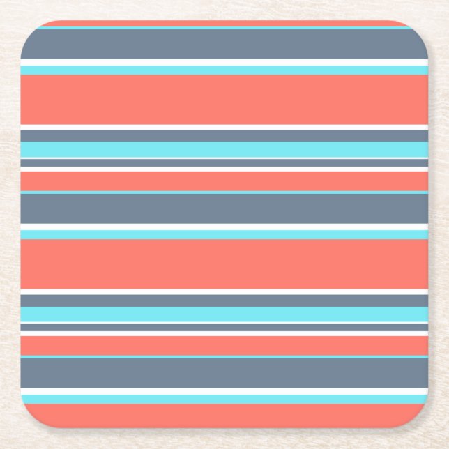 Levande korall, blått och grått rand underlägg papper kvadrat (Framsidan)