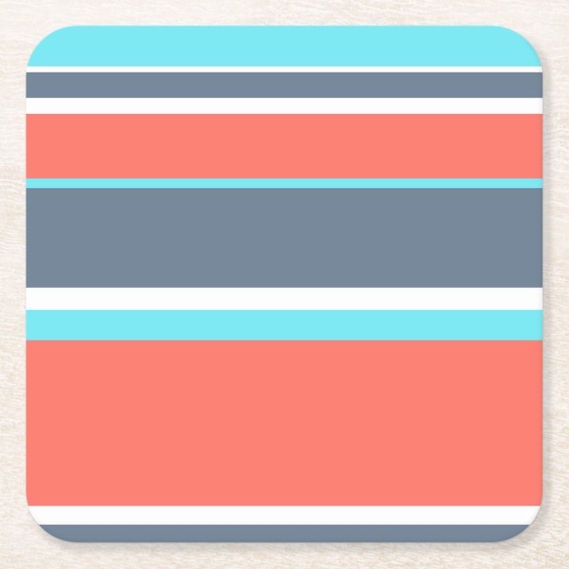 Levande korall, blått och grått rand underlägg papper kvadrat (Framsidan)