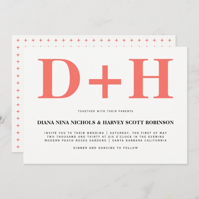 Levande korall initialer fet typografi bröllop inbjudningar (Fram/baksida)