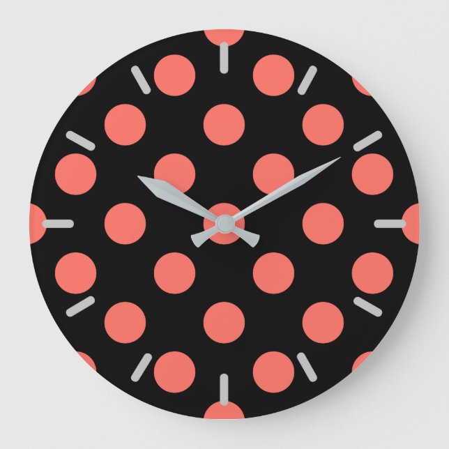 Levande korall polka dots på svart stor klocka (Framsida)