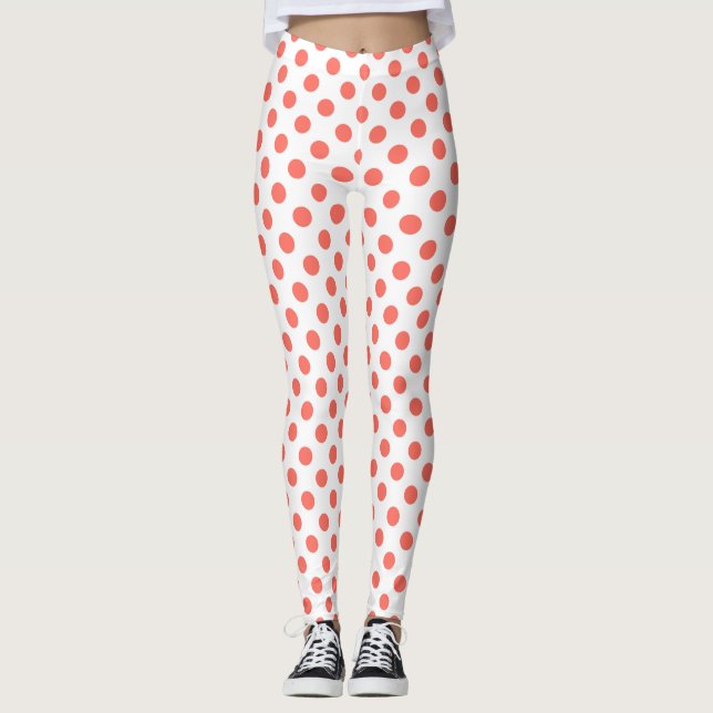 Levande korall polka dots på vitt leggings (Framsida)