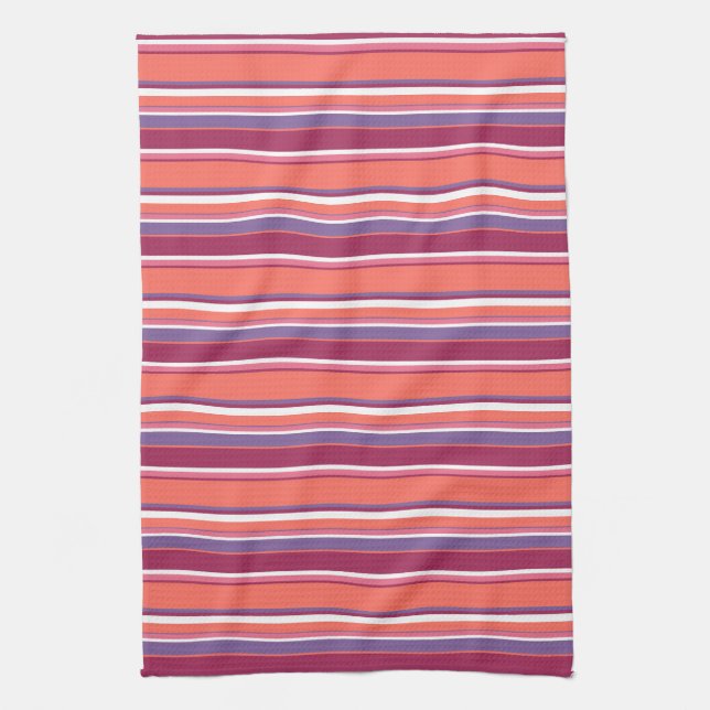 Levande korall, röd och violett rand kökshandduk (Vertikal)