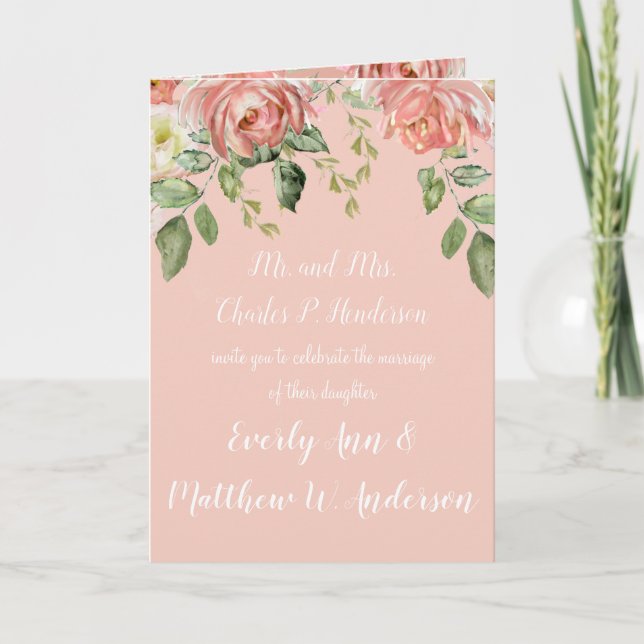 Levande korall Rosa eller färg Blommigt Bröllop Inbjudan (Framsida)