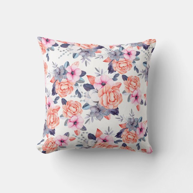 Levande korall rosa lila vattenfärgspropp blommigt kudde (Framsida)