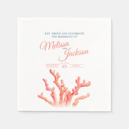 Levande korallblått vattenfärgsblått orange bröllo pappersservett