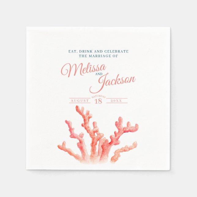 Levande korallblått vattenfärgsblått orange bröllo pappersservett (Framsidan)
