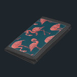 Levande korallflamingomönster<br><div class="desc">Vector mönster med hand plockade flamingos i levande korall färg mot mörk blått bakgrund.</div>