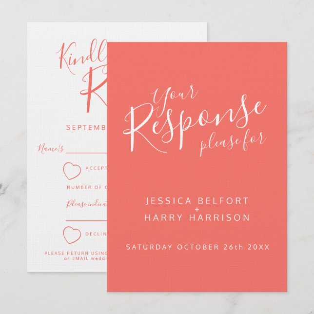 Levande korallorange vit hjärta bröllopsvar RSVP Inbjudningar (Fram/baksida)