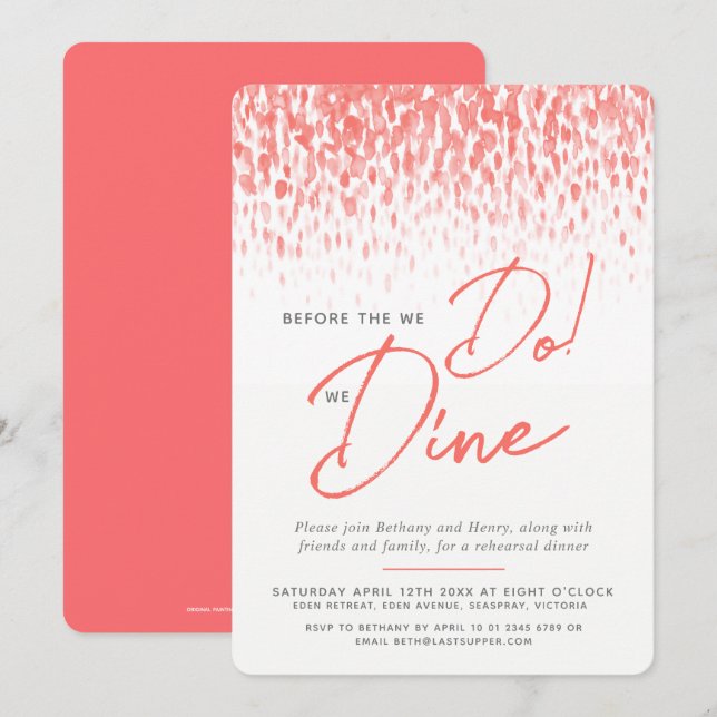Levande korallstensfärgad repetitionsmiddag innan  inbjudningar (Fram/baksida)