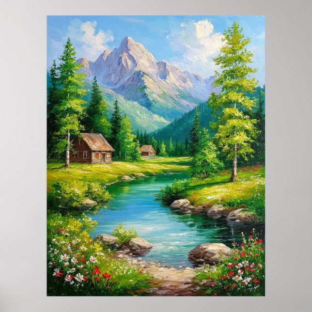 Levande landskap med berg, flodsceneri poster (Framsidan)