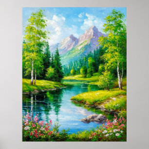 Levande landskap med berg, flodsceneri poster