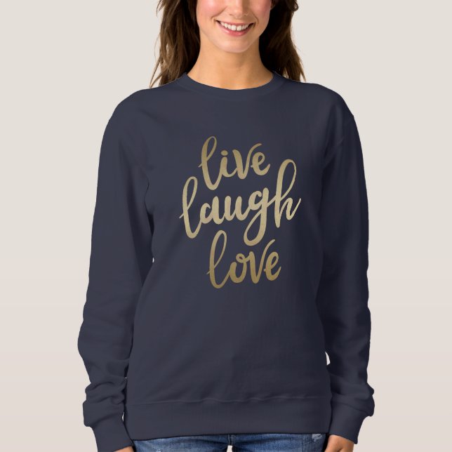 Levande Laugh Kärlek Faux Guld Lettering marinblåt T Shirt (Framsida)