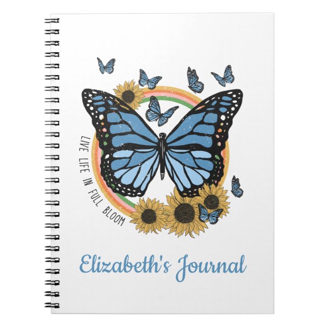 Levande liv i Fullt Bloom Butterfly Sunblommor Anteckningsbok (Framsidan)