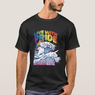 Levande med Pride Unicorn Surfing Vinkar HBT TQ Ra T Shirt