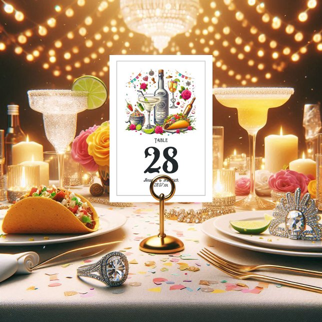 Levande och Roligt Tacos och Tequila Fiesta Bröllo Bordsnummer (Lively and Fun Tacos and Tequila Fiesta Wedding Table Number Card)