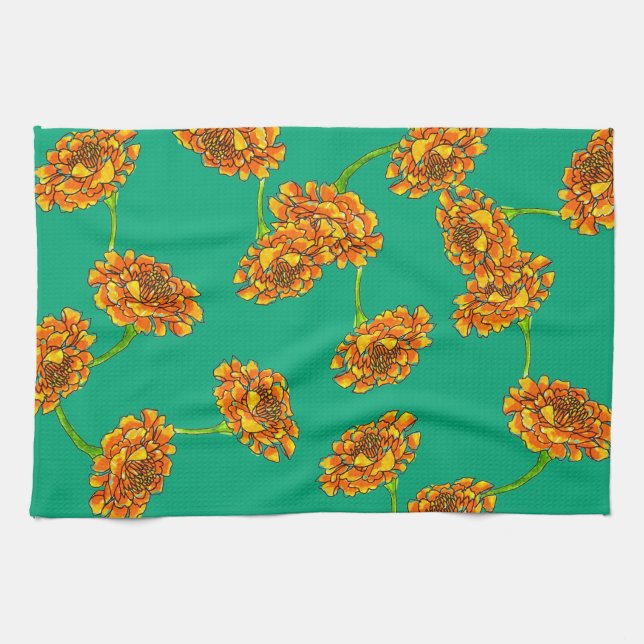 Levande orange marigolds på klar teal kökshandduk (Horisontell)