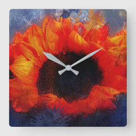 Levande Orange Solros på Grått Wall Clock Fyrkantig Klocka