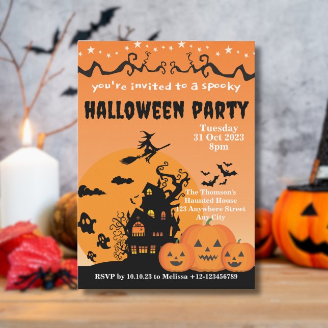 Levande Orange Svart Spökhus Halloween  Inbjudningar (Skapare uppladdad)